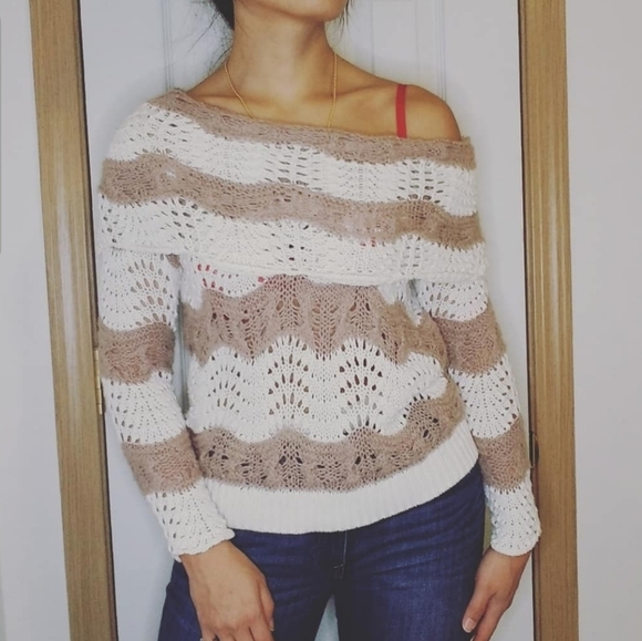 Nordstrom's White taupe stripe sweater - Picture 1 of 5